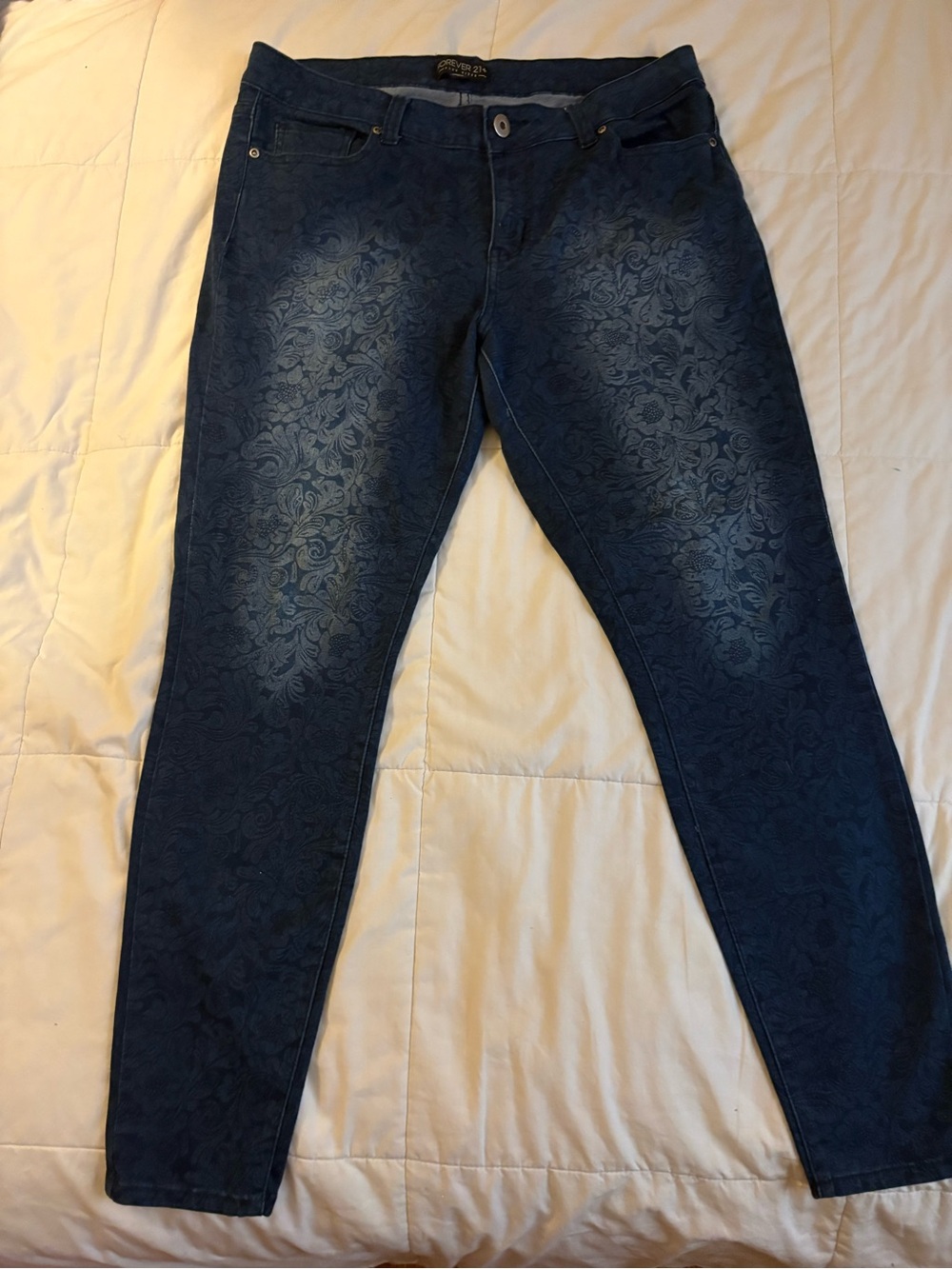 Forever 21 Dark Blue Floral-Embossed Skinny Jeans